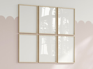 six vertical frames on the wall, girl room interior frame mockup, print mockup, baby room mockup, kids room mockup, nursery interior frame mockup, gallery wall mockup, pink wall mockup, 3d render