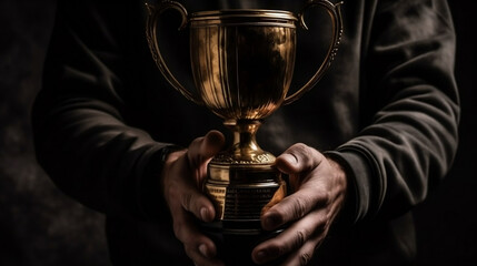 Champions winner golden cup in the hands with copy space background. Man is holding trophy. Generative ai.