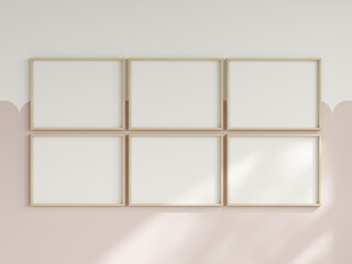 six horizontal frames on the wall, girl room interior frame mockup, print mockup, baby room mockup, kids room mockup, nursery interior frame mockup, gallery wall mockup, pink wall mockup, 3d render