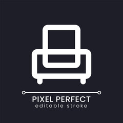 Armchair pixel perfect white linear ui icon for dark theme. Hotel arrangement. Motel service. Vector line pictogram. Isolated user interface symbol for night mode. Editable stroke. Poppins font used