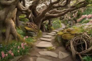 fantasy garden, with gnarled tree roots twisting around the stone path and blooming flowers in full bloom, created with generative ai