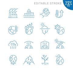Obraz na płótnie Canvas Vector line set of icons related with global warming. Contains monochrome icons like sun, earth, warming, climate, iceberg and more. Simple outline sign. Editable stroke.