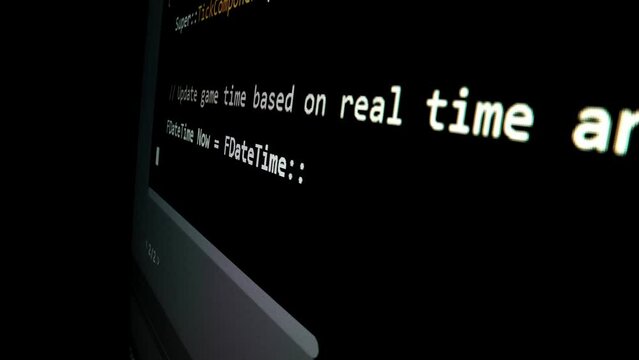 Closeup macro shot movement of coding script moving across LED screen with real-time AI-generated typing, showcasing advanced AI learning in optimization, debug and coding for software development.