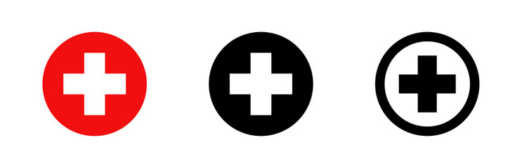 Red cross icon.  Medicine, health icons. Red cross emergency medicine sign. First aid sign.	
