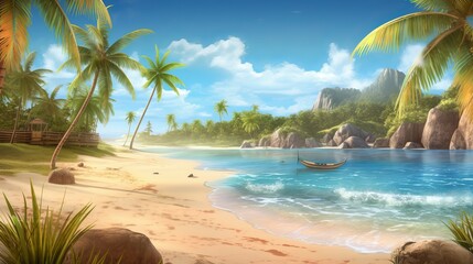 Escape to a tropical paradise with ultra detail HD backgrounds that capture the essence of sunny beach. The scene reveals a breathtaking coastal panorama, beach with coconut trees, Generative AI