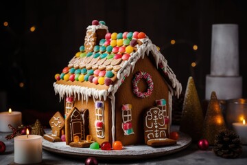 gingerbread house with a festive bow and colorful treats on the inside, created with generative ai