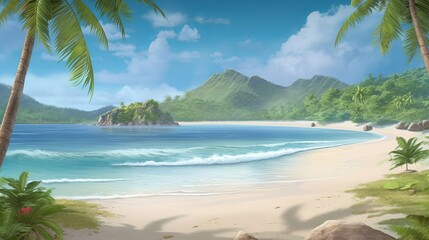 Escape to a tropical paradise with ultra detail HD backgrounds that capture the essence of sunny beach. The scene reveals a breathtaking coastal panorama, beach with palm tree, Generative AI