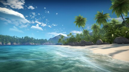 Escape to a tropical paradise with ultra detail HD backgrounds that capture the essence of sunny beach. The scene reveals a breathtaking coastal panorama, beach with palm trees, Generative AI
