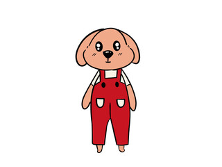 Cartoon puppy wearing red overalls standing on white background.