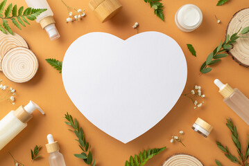 Herbal organic cosmetics concept. Above view photo of heart-shaped frame cosmetic containers, wooden stands, fern, eucalyptus and gypsophila branches on brown isolated background with copyspace
