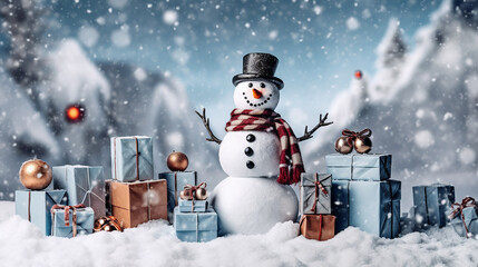 Obraz premium Christmas banner of gift boxes on snow outside with snowman, Generative AI