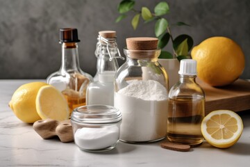 homemade cleaning product mixture with ingredients including baking soda, water and essential oils, created with generative ai - obrazy, fototapety, plakaty