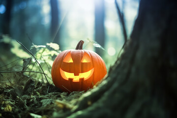 Halloween pumpkin with glowing eyes is in a mystic forest at the night close-up with bokeh background. Jack O Lantern. Generative AI