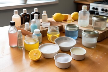 homemade cleaning product demonstration, with supplies and tools on the table, created with generative ai
