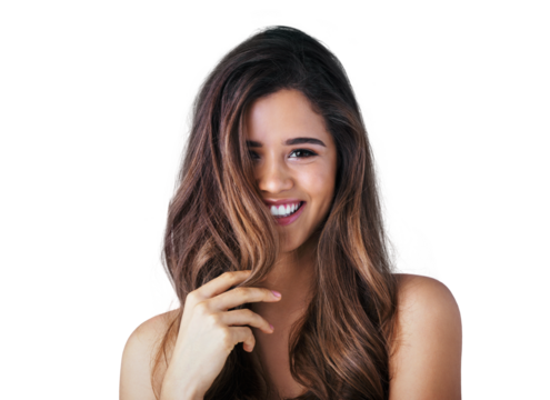 Beauty, hair and shy with portrait of woman isolated on transparent background for cosmetics, smile and haircare. Salon treatment, self care and happy face of female model on png for style or shampoo