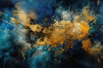 Naklejka na ściany i meble Gold and dark blue paint on canvas, abstract painted background. Generative AI