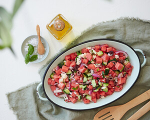 Mediterranean watermelon salad with cucumber and Kalamata Olives. Top view