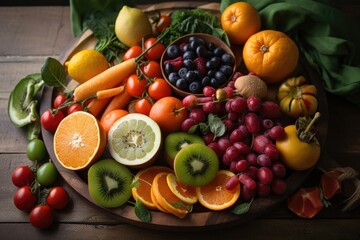 Fototapeta na wymiar plate of fresh fruits and vegetables, with immune-boosting benefits, created with generative ai