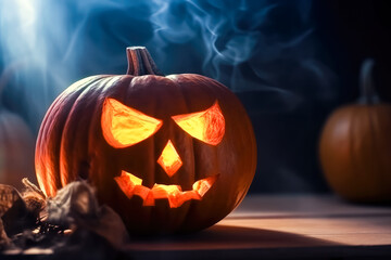 Spooky halloween pumpkin with glowing eyes and smoke is at the night close-up with bokeh background. Jack O Lantern is symbol for Halloween. Generative AI
