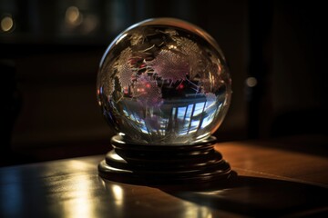 close-up of crystal ball, with light and shadows playing across the glass surface, created with generative ai