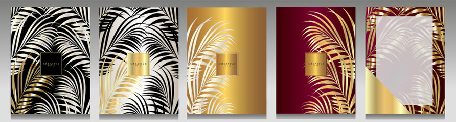 Luxury tropical cover set. Golden and white palm leaves, metallic effect on black, white, gold and red background. Collection of esotic backgrounds, elegant brochures, invitations, menu.