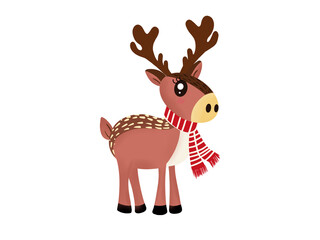 brown cartoon deer with scarf on christmas.on a white background.
