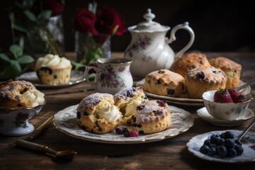 an afternoon tea party, with scones and muffins served on delicate plates, created with generative ai