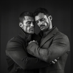 Black and white image of gay male couple in loving embrace, generative Ai