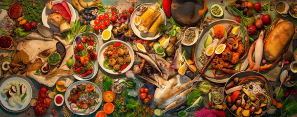 Various plates with different foods on them, including meat and vegetables ,colorful food platter textures. Generative Ai. 