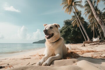 portrait of happy dog sitting on beach, surrounded by palm trees and clear blue water, created with generative ai