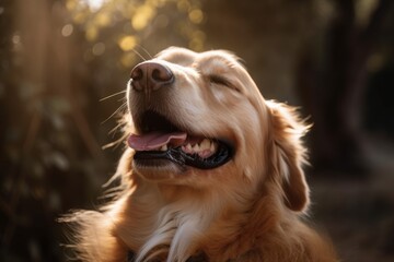 portrait of happy dog with tongue out and eyes closed, enjoying the sun and warm weather, created with generative ai
