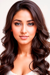 Obraz premium Arabic brunette girl with long and shiny wavy hair. Beautiful model with curly hairstyle. Generative AI.
