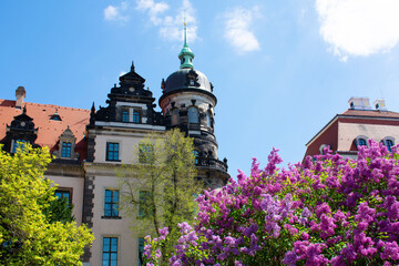 Facade of ancient building with tower, spire and red roof. Blooming lilac and green tree in the foreground. Old palace. Sunny day with blue sky. Dresden, Germany, May 2023.