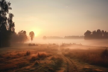 rural landscape with misty morning fog, sunrise in the distance, created with generative ai