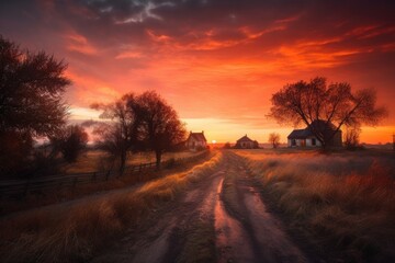 Fototapeta na wymiar rural landscape with sunset, featuring orange and red hues, created with generative ai