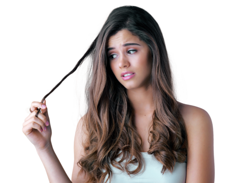 Isolated woman, hair and breakage with worry, thinking and shock for problem by transparent png background. Girl, model and damage with hairstyle, beauty and split ends with stress for cosmetics