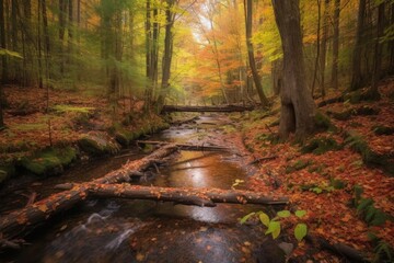 autumn forest hike with vibrant foliage and a trickling stream, created with generative ai