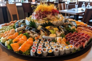 towering plate of sushi, with delicate rolls and different flavors, created with generative ai