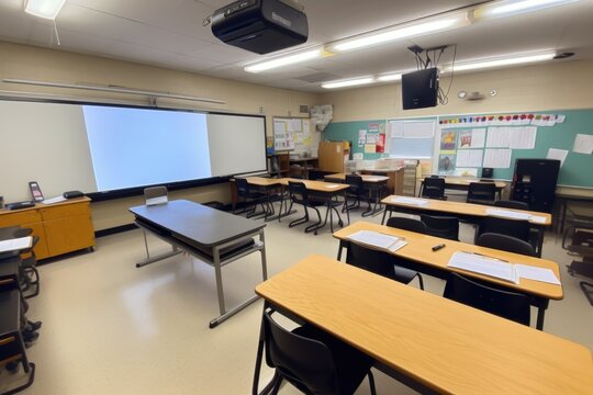 empty classroom setup with smartboard, projector, and laptop for modern learning, created with generative ai