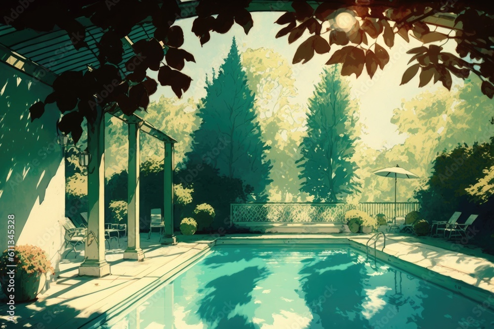 Canvas Prints outdoor pool surrounded by lush greenery and warm sunshine, created with generative ai