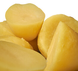 pile of boiled and peeled potatoes, tender and easily mashed or crushed cooked vegetarian food isolated background, soft and moist popular ingredient in wide range of recipes, selective focus