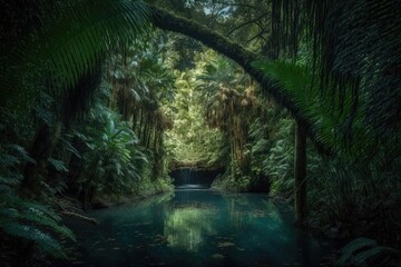 swimming hole in the middle of a lush forest, with tall trees overhead, created with generative ai
