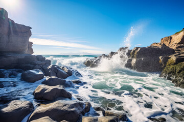 A rocky beach with waves splashing up and crashing over rocks