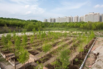 Fototapeta na wymiar reforestation and tree planting in urban area, bringing greenery to concrete jungle, created with generative ai