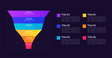 Website conversion infographic funnel chart design template for dark theme. Visitors complete action. Editable infochart with process stages. Visual data presentation. Lato font used - obrazy, fototapety, plakaty