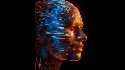 3D Render of Human Head transforming to Artificial Intelligence. Concept of Technology. Generative AI