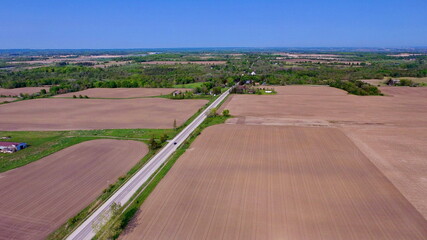Aerial view of farmland in the Duffins Rouge Agricultural Preserve, Durham County, Ontario, Canada. Spring 2023