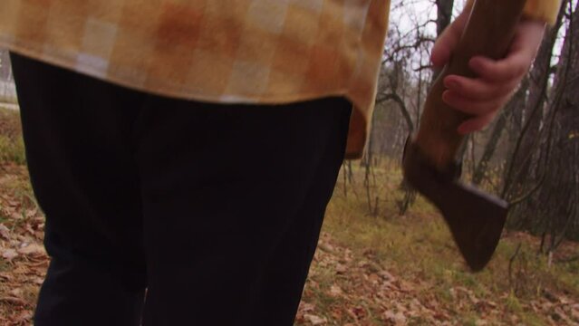 A man threateningly walks through forest with axe