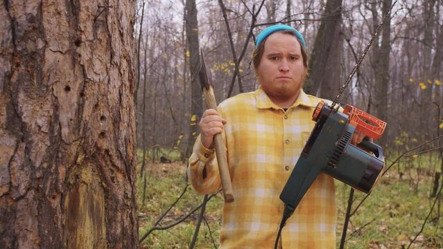 Lumberjack chooses between a chainsaw and an axe