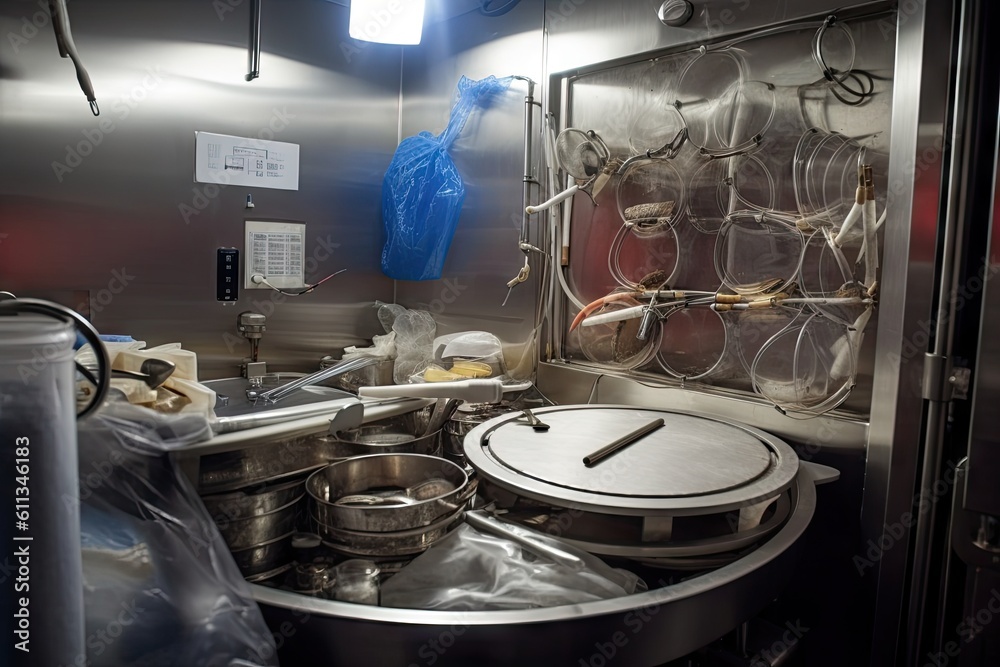 Sticker surgical instruments being sterilized in autoclave, surrounded by steam and heat, created with generative ai